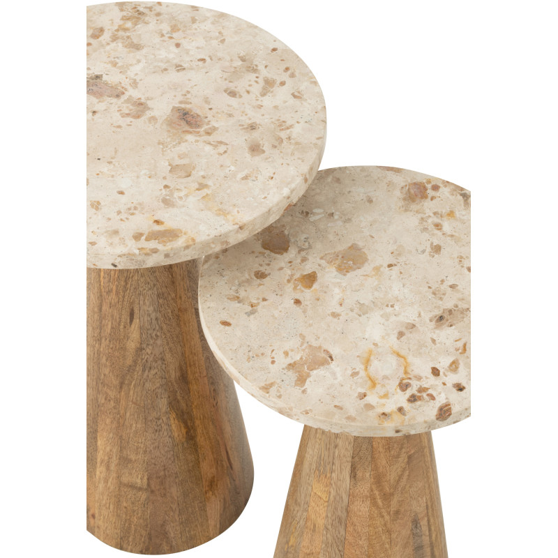 Lot de 2 Sellettes design chic Ronde Marbre Beige Bois de manguier Marron Monolya J-Line - 5