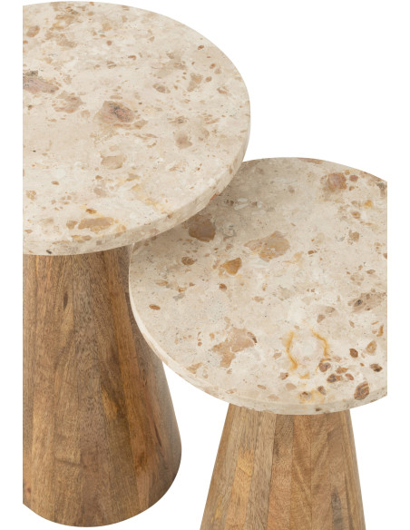Lot de 2 Sellettes design chic Ronde Marbre Beige Bois de manguier Marron Monolya J-Line - 5
