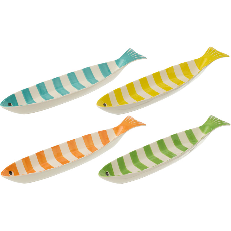 Lot de 4 Plats style bord de mer Poisson Porcelaine Bleu Jaune Orange Vert Motif rayures Zeevis J-Line - 1