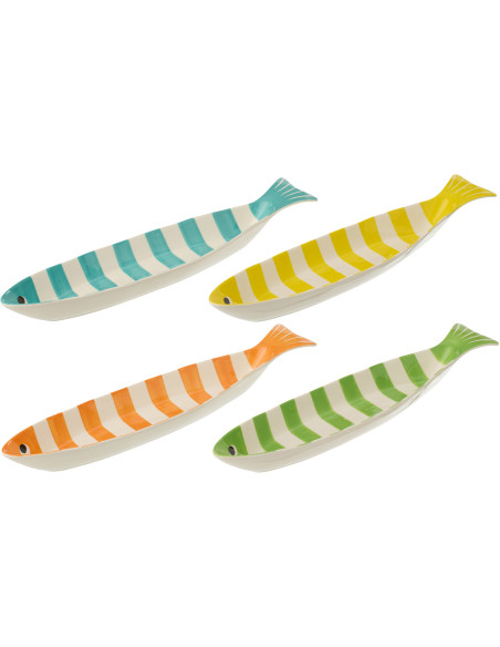 Lot de 4 Plats style bord de mer Poisson Porcelaine Bleu Jaune Orange Vert Motif rayures Zeevis J-Line - 1