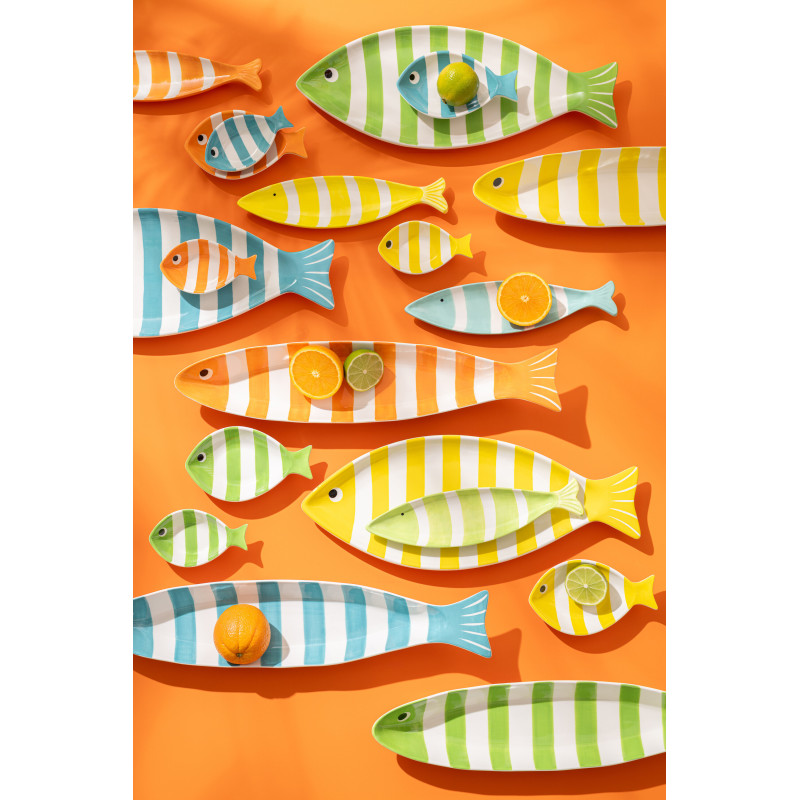 Lot de 4 Plats style bord de mer Poisson Porcelaine Bleu Jaune Orange Vert Motif rayures Zeevis J-Line - 2