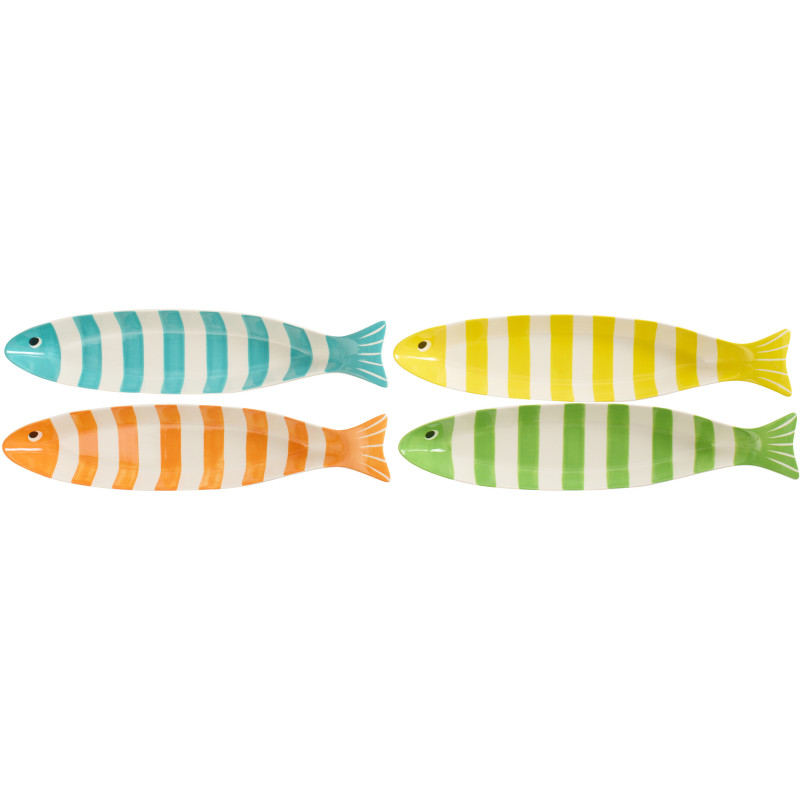 Lot de 4 Plats style bord de mer Poisson Porcelaine Bleu Jaune Orange Vert Motif rayures Zeevis J-Line - 3