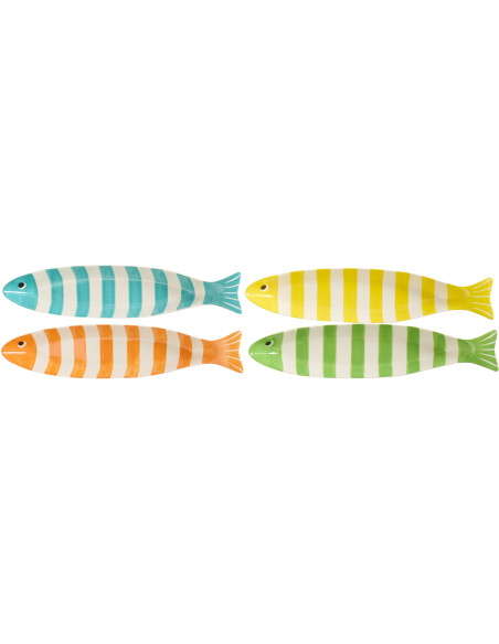 Lot de 4 Plats style bord de mer Poisson Porcelaine Bleu Jaune Orange Vert Motif rayures Zeevis J-Line - 3