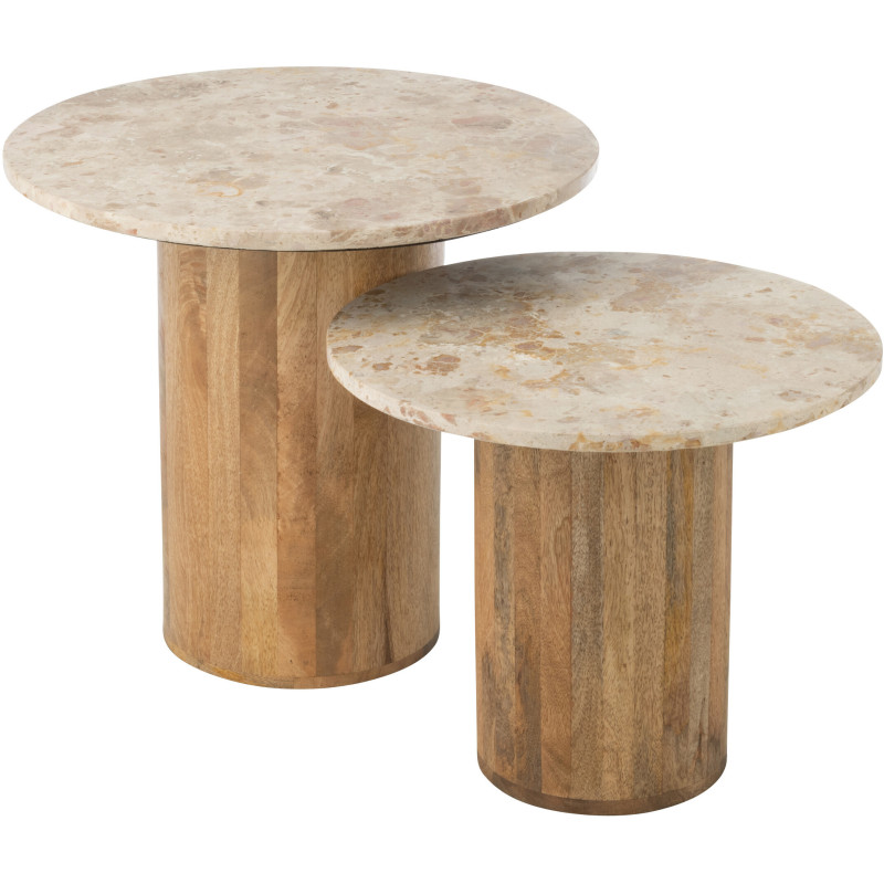 Lot de 2 Table d'appoint design chic Ronde Marbre Beige Bois de manguier Marron Monolya J-Line - 1