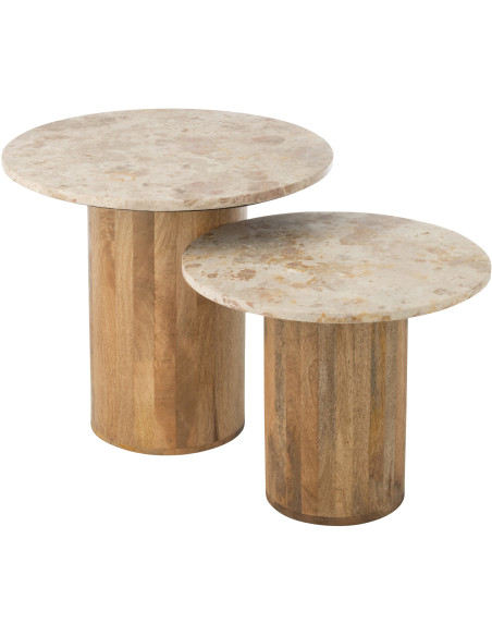 Lot de 2 Table d'appoint design chic Ronde Marbre Beige Bois de manguier Marron Monolya J-Line - 1