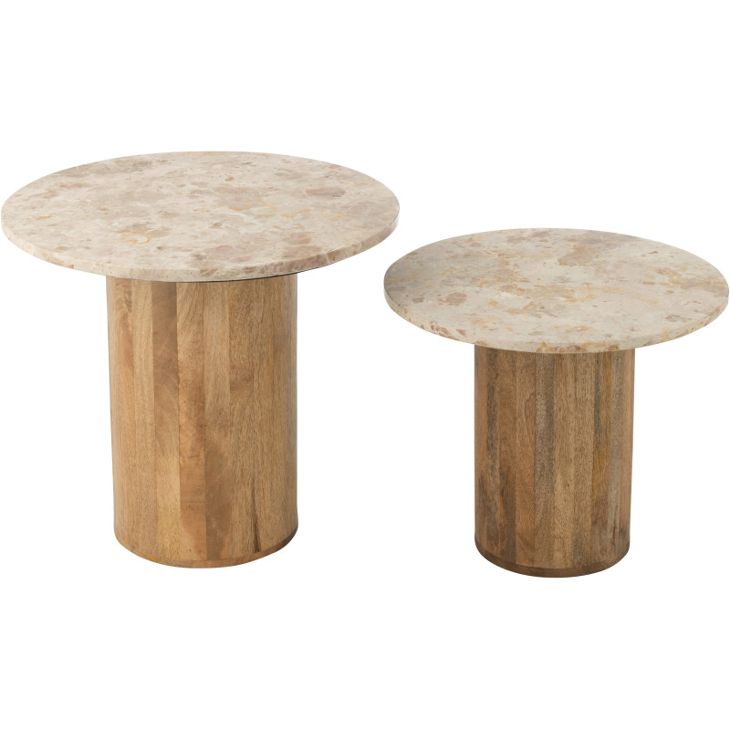 Lot de 2 Table d'appoint design chic Ronde Marbre Beige Bois de manguier Marron Monolya J-Line - 2