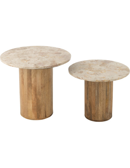 Lot de 2 Table d'appoint design chic Ronde Marbre Beige Bois de manguier Marron Monolya J-Line - 2