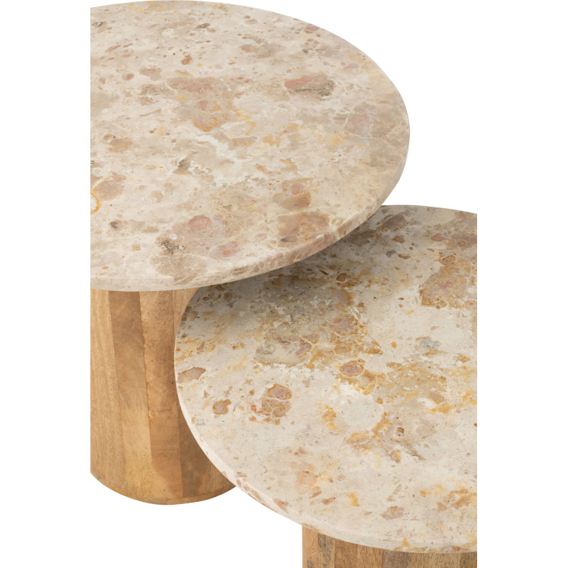 Lot de 2 Table d'appoint design chic Ronde Marbre Beige Bois de manguier Marron Monolya J-Line - 5