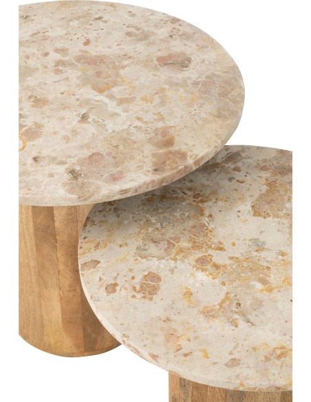 Lot de 2 Table d'appoint design chic Ronde Marbre Beige Bois de manguier Marron Monolya J-Line - 5