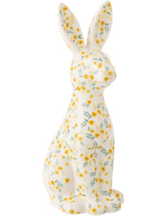 Statue déco design Lapin H 32 cm Dolomite Blanc Motif fleurs 