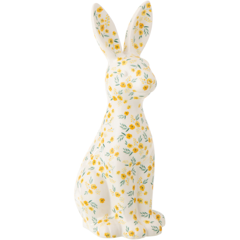 Statue déco design Lapin H 32 cm Dolomite Blanc Motif fleurs 