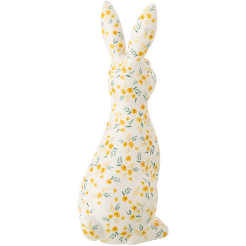 Statue déco design Lapin H 32 cm Dolomite Blanc Motif fleurs 