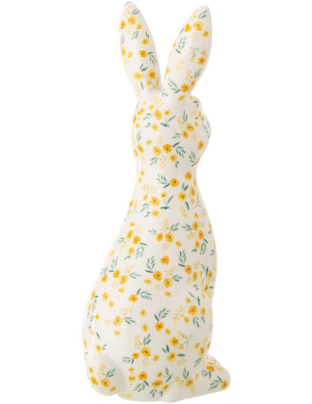 Statue déco design Lapin H 32 cm Dolomite Blanc Motif fleurs 