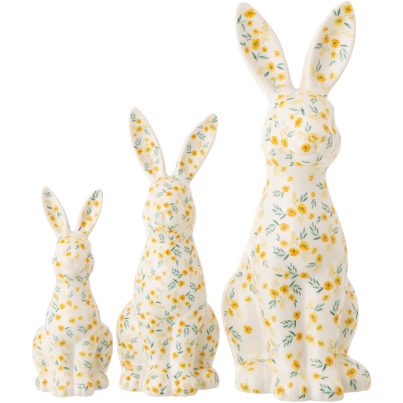 Statue déco design Lapin H 32 cm Dolomite Blanc Motif fleurs 