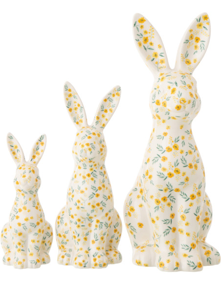 Statue déco design Lapin H 32 cm Dolomite Blanc Motif fleurs 