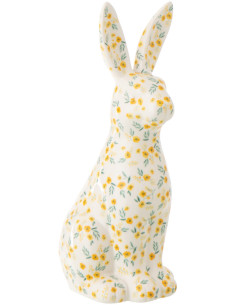 Statuette déco design Lapin H 28 cm Dolomite Blanc Motif fleurs 