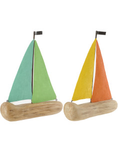 Lot de 2 Voiliers déco bord de mer 25 cm Bois de paulownia Naturel Métal Regatino 