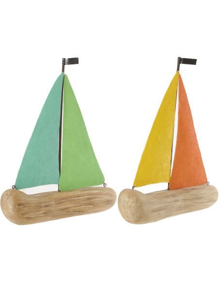 Lot de 2 Voiliers déco bord de mer 25 cm Bois de paulownia Naturel Métal Regatino 