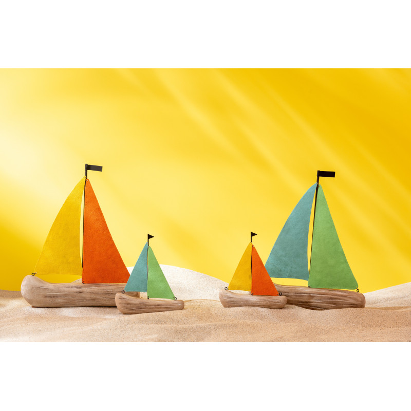 Lot de 2 Voiliers déco bord de mer 25 cm Bois de paulownia Naturel Métal Regatino 