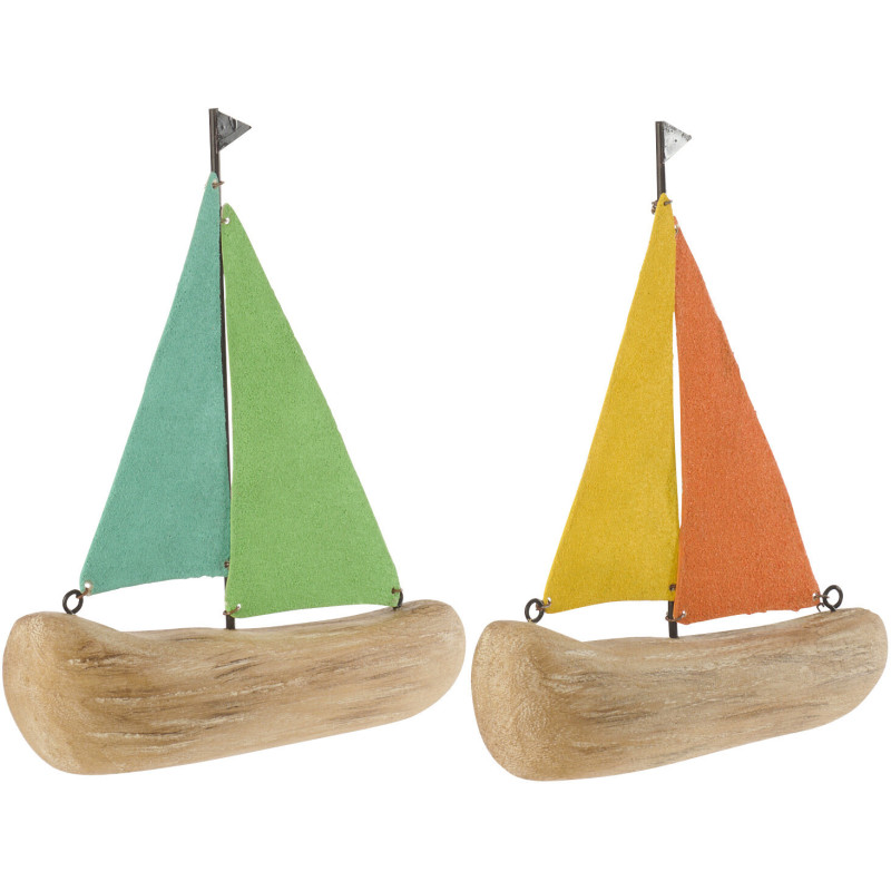 Lot de 2 Voiliers déco bord de mer 14 cm Bois de paulownia Naturel Métal Regatino 