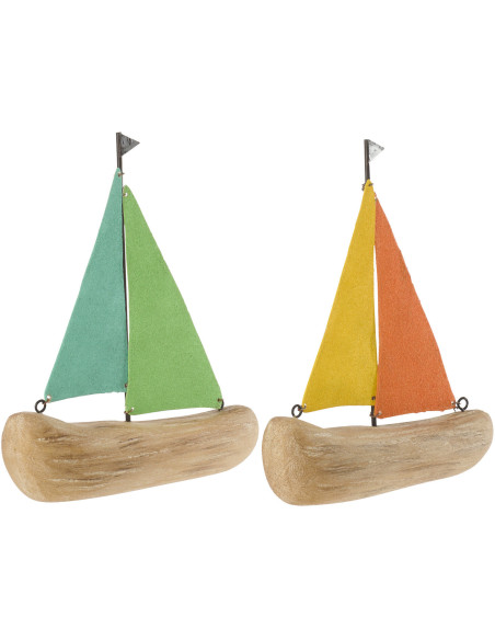 Lot de 2 Voiliers déco bord de mer 14 cm Bois de paulownia Naturel Métal Regatino 