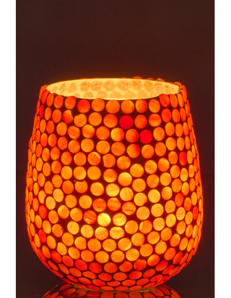 Grand Photophore style méditerrannée D 11 cm Verre Orange Blanc Mosaïque Tessella 