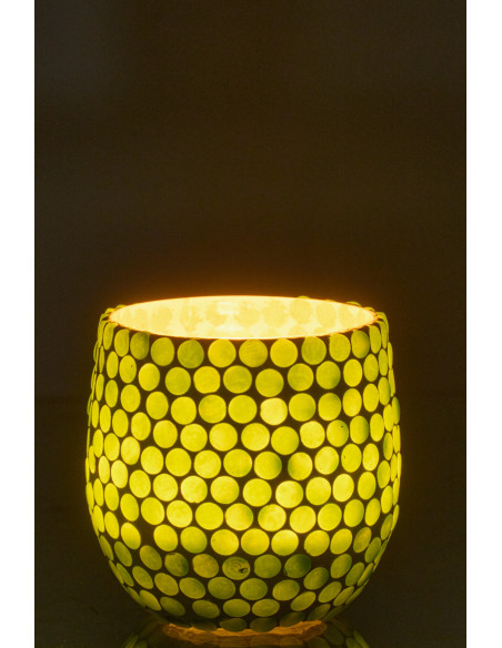 Photophore style méditerrannée D 9 cm Verre Vert Blanc Mosaïque Tessella 