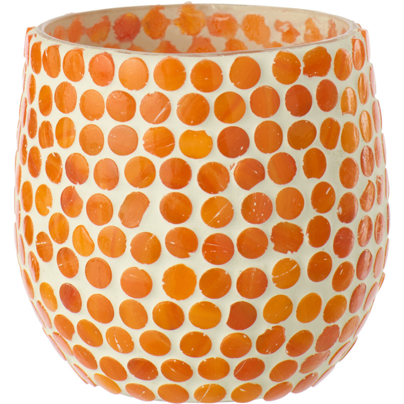 Photophore style méditerrannée D 9 cm Verre Orange Blanc Mosaïque Tessella 