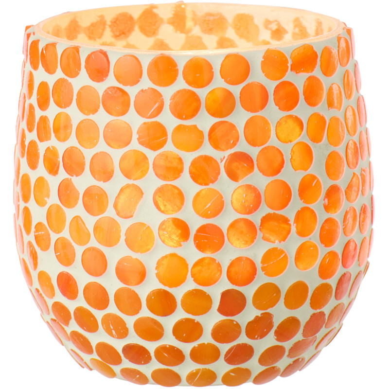 Photophore style méditerrannée D 9 cm Verre Orange Blanc Mosaïque Tessella 
