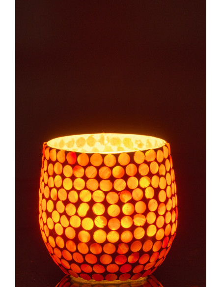 Photophore style méditerrannée D 9 cm Verre Orange Blanc Mosaïque Tessella 