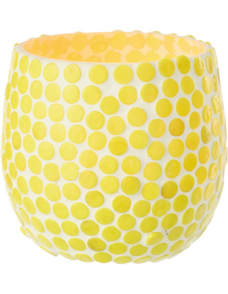 Photophore style méditerrannée D 9 cm Verre Jaune Blanc Mosaïque Tessella 