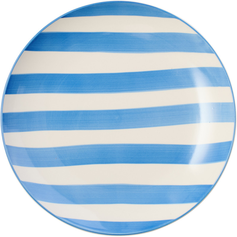 Assiette plate style bord de mer Ronde 26 cm Grès Bleu Blanc Motif lignes Verona 