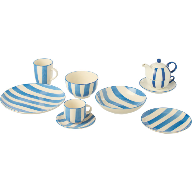 Assiette à dessert style bord de mer Ronde 19 cm Grès Bleu Blanc Motif lignes Verona 