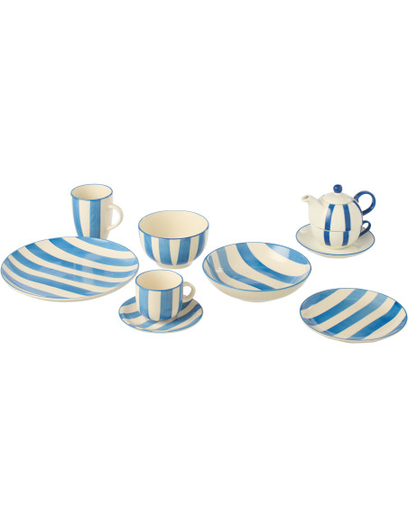 Assiette à dessert style bord de mer Ronde 19 cm Grès Bleu Blanc Motif lignes Verona 