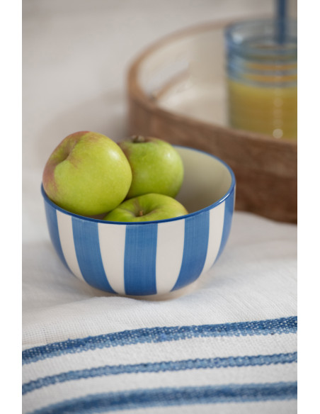 Bol petit déjeuner style bord de mer Rond Grès Bleu Blanc Motif lignes Verona 