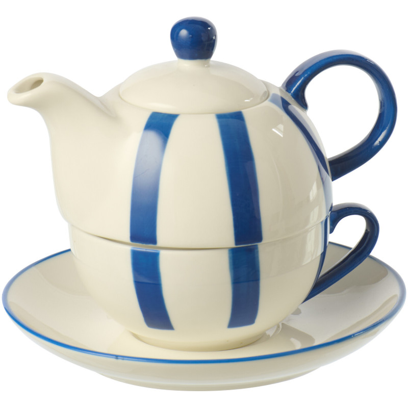 Théière égoïste style bord de mer Grès Bleu Blanc Motif lignes Verona 