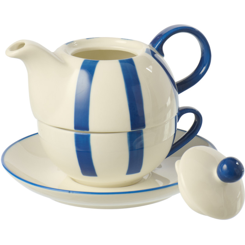 Théière égoïste style bord de mer Grès Bleu Blanc Motif lignes Verona 