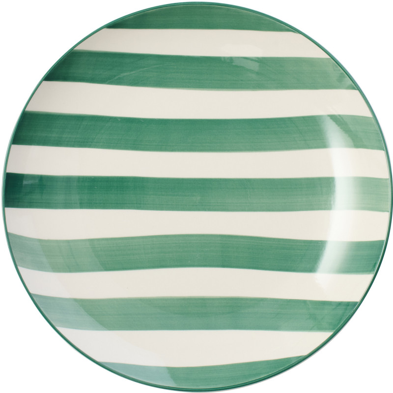 Assiette plate style bord de mer Ronde 26 cm Grès Vert Blanc Motif lignes Verona 