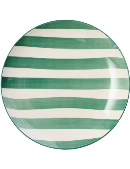 Assiette plate style bord de mer Ronde 26 cm Grès Vert Blanc Motif lignes Verona 