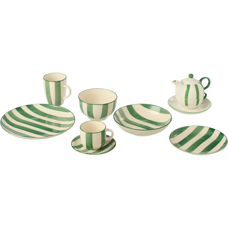 Assiette à dessert style bord de mer Ronde 19 cm Grès Vert Blanc Motif lignes Verona 