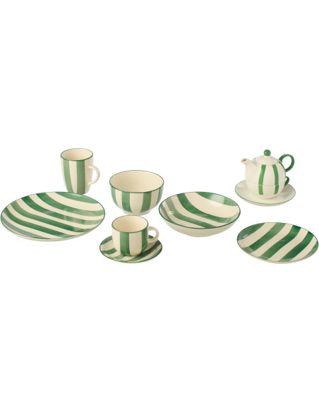 Assiette à dessert style bord de mer Ronde 19 cm Grès Vert Blanc Motif lignes Verona 