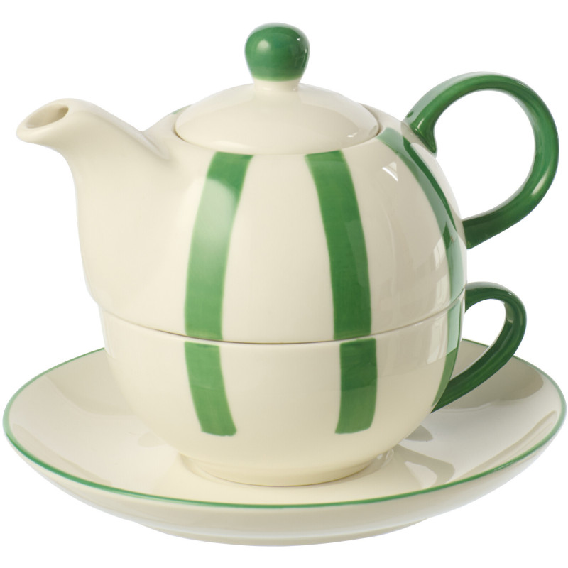 Théière égoïste style bord de mer Grès Vert Blanc Motif lignes Verona 