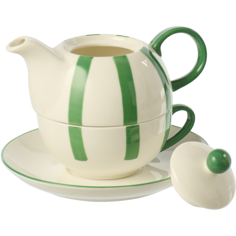Théière égoïste style bord de mer Grès Vert Blanc Motif lignes Verona 