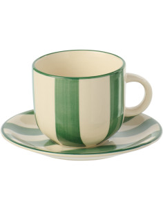 Tasse à thé style bord de mer Grès Vert Blanc Motif lignes Verona 