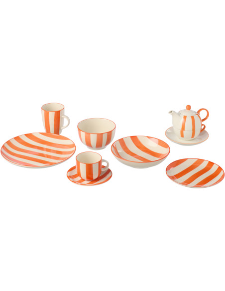 Assiette à dessert style bord de mer Ronde 19 cm Grès Orange Blanc Motif lignes Verona 