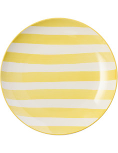 Assiette plate style bord de mer Ronde 26 cm Grès Jaune Blanc Motif lignes Verona 