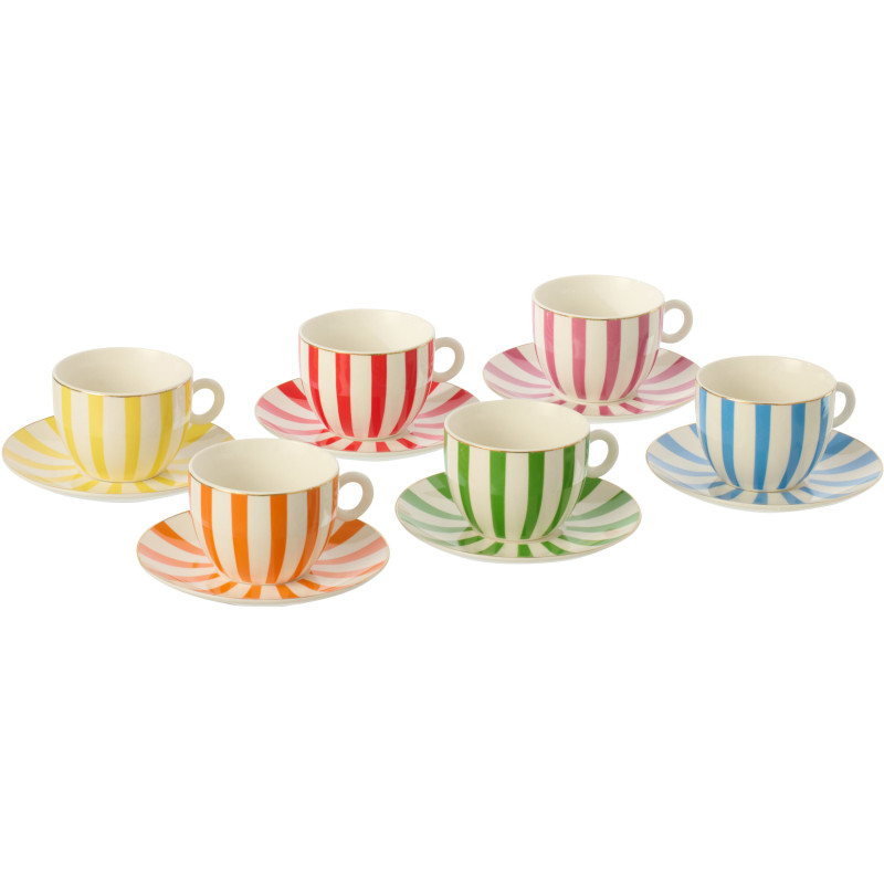 Lot de 6 Tasses à café bistrot italien Porcelaine Multicolore Motif rayures Giardino 