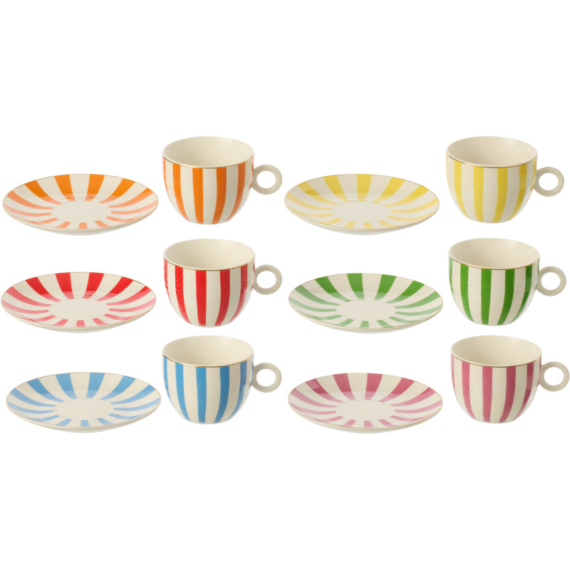 Lot de 6 Tasses à café bistrot italien Porcelaine Multicolore Motif rayures Giardino 