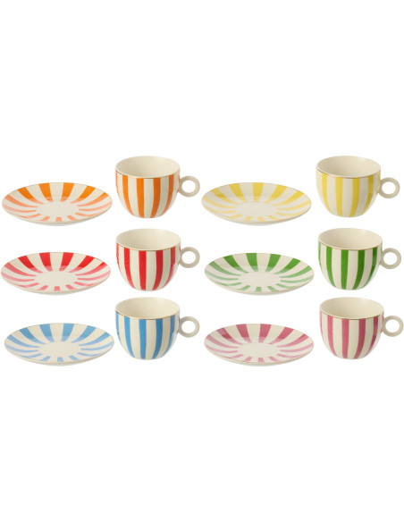 Lot de 6 Tasses à café bistrot italien Porcelaine Multicolore Motif rayures Giardino 