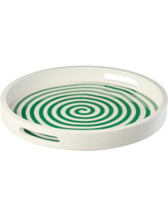 Plateau de service style méditerrannée Rond 40 cm Bois de manguier Blanc Vert Motif lignes Sorella 